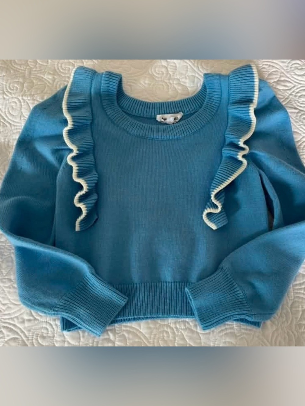 Sun n Moon Blue Ruffle Shoulder Sweater with White Trim